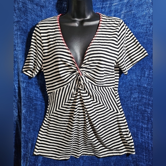 Anthropologie ett:wa Black White Striped Short Sleeve Blouse Medium - Picture 3 of 8